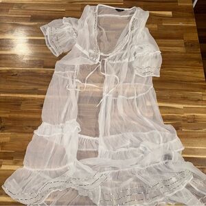 Express Sheer White Kimono with tie and silver details with Ruffles Size Medium